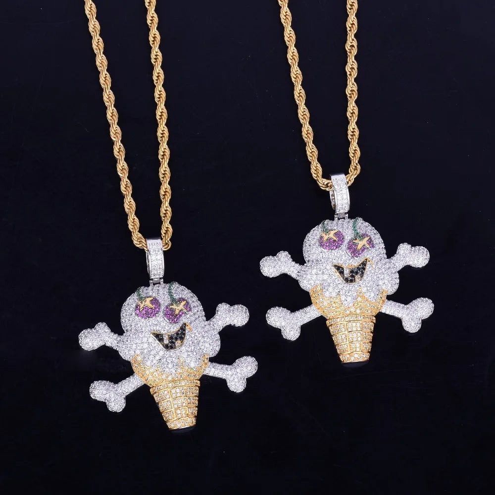 Skull Ice Cream Shape Necklace& Pendant Gold Color AAA Cubic Zircon Men's Hip Hop Jewelry