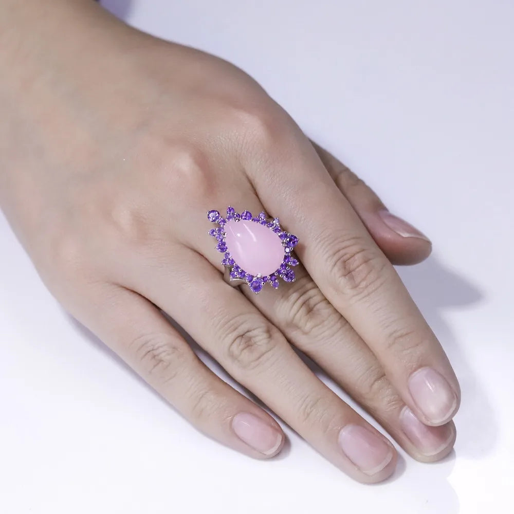 GEM'S BALLET Natural Pink Calcedony Gemstone Ring 925 Sterling Silver Vintage Halo Cocktail  Rings for Women Fine Jewelry