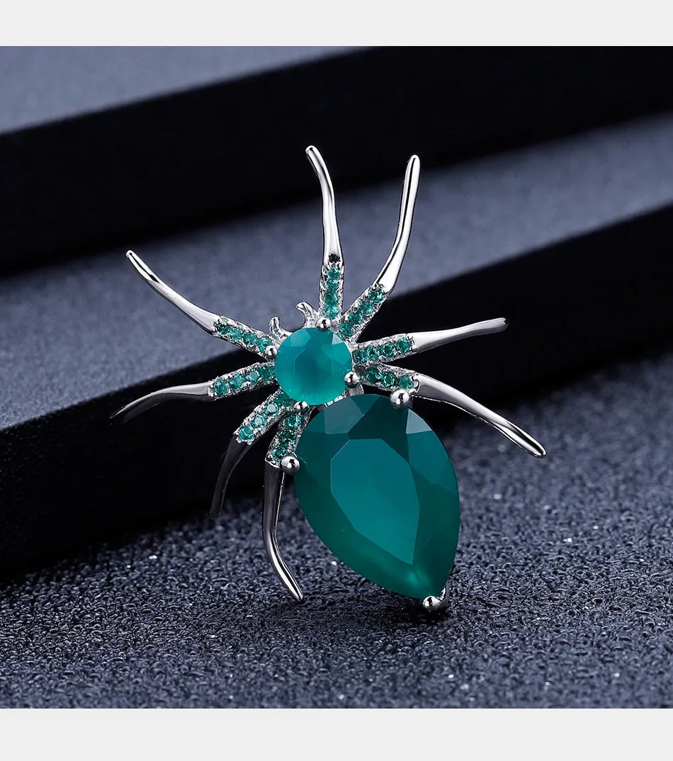 GEM'S BALLET Natural Green Agate Gemstone Brooch 925 Sterling Sliver Handmade Design Spider Brooches For Women Fine Jewelry