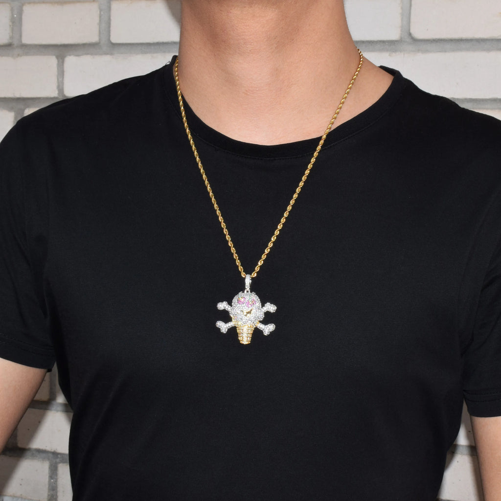 Skull Ice Cream Shape Necklace& Pendant Gold Color AAA Cubic Zircon Men's Hip Hop Jewelry