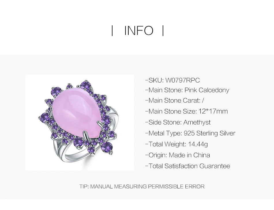 GEM'S BALLET Natural Pink Calcedony Gemstone Ring 925 Sterling Silver Vintage Halo Cocktail  Rings for Women Fine Jewelry