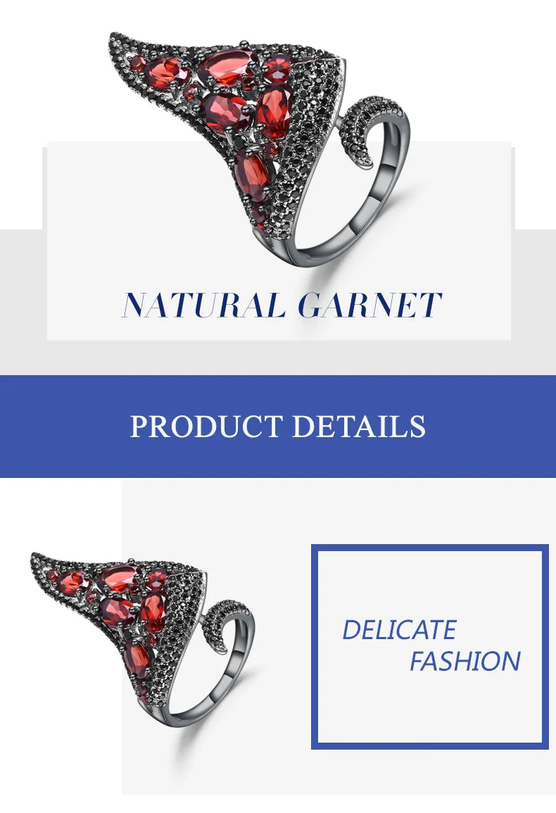 GEM'S BALLET Natural Red Garnet Gemstone Open Finger Ring 925 Sterling Sliver Vintage Gothic Punk Ring For Women Party Jewelry