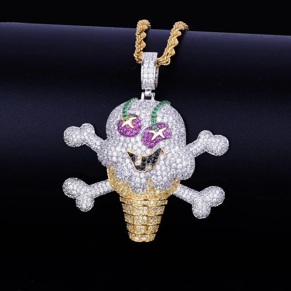 Skull Ice Cream Shape Necklace& Pendant Gold Color AAA Cubic Zircon Men's Hip Hop Jewelry