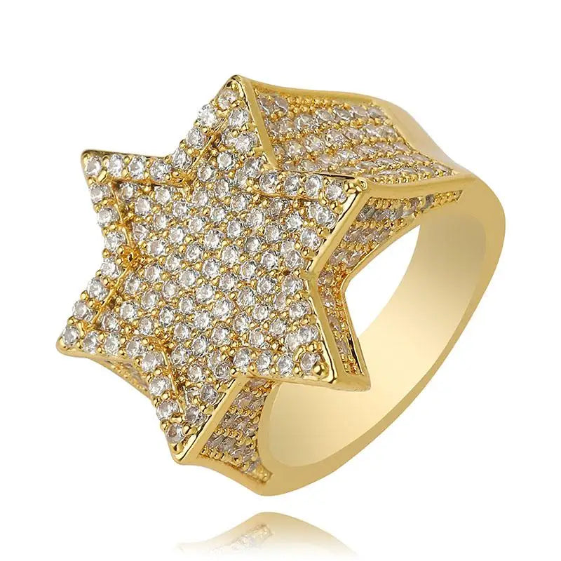 New Iced Out Hexagon Star Rings For Men/Women Micro Paved Gold Silver Color Finish Cubic Zircon Charm Hip Hop Jewelry Ring Gift