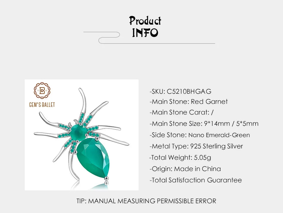 GEM'S BALLET Natural Green Agate Gemstone Brooch 925 Sterling Sliver Handmade Design Spider Brooches For Women Fine Jewelry