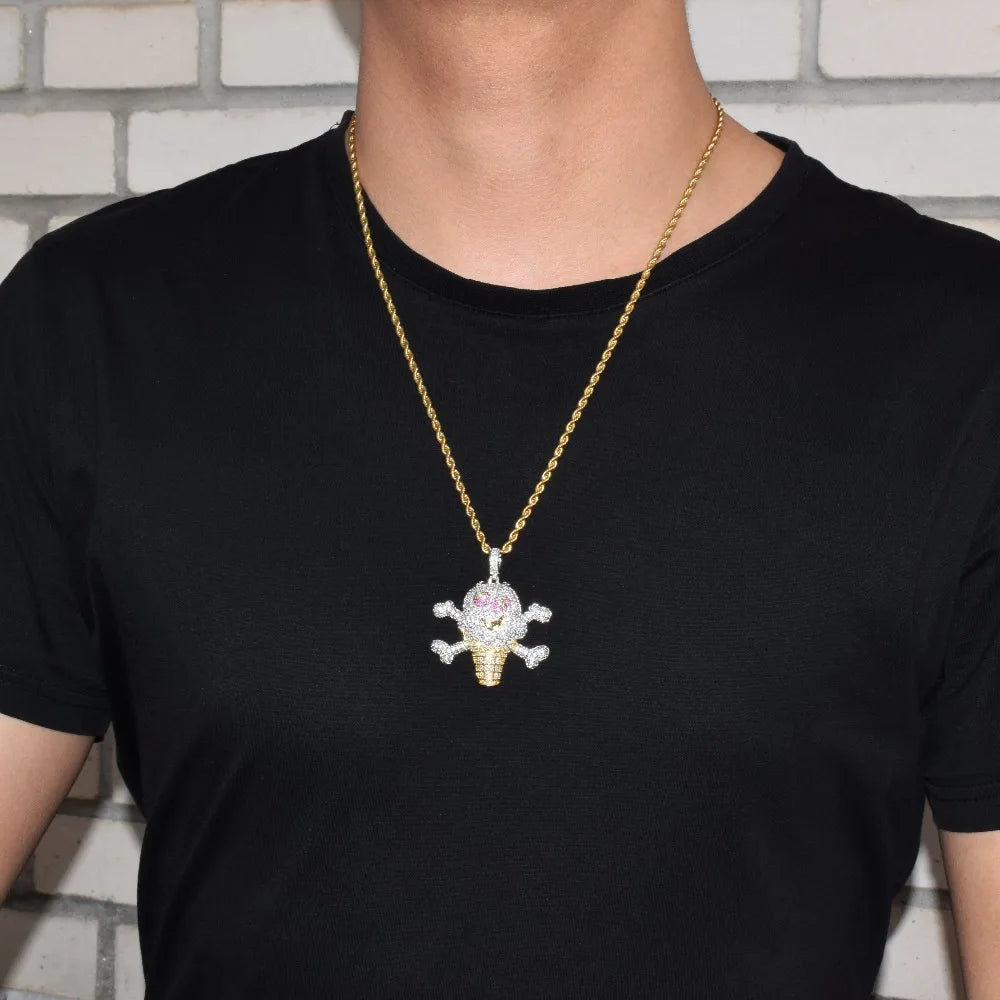 Skull Ice Cream Shape Necklace& Pendant Gold Color AAA Cubic Zircon Men's Hip Hop Jewelry