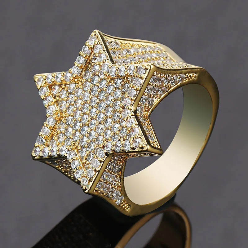 New Iced Out Hexagon Star Rings For Men/Women Micro Paved Gold Silver Color Finish Cubic Zircon Charm Hip Hop Jewelry Ring Gift