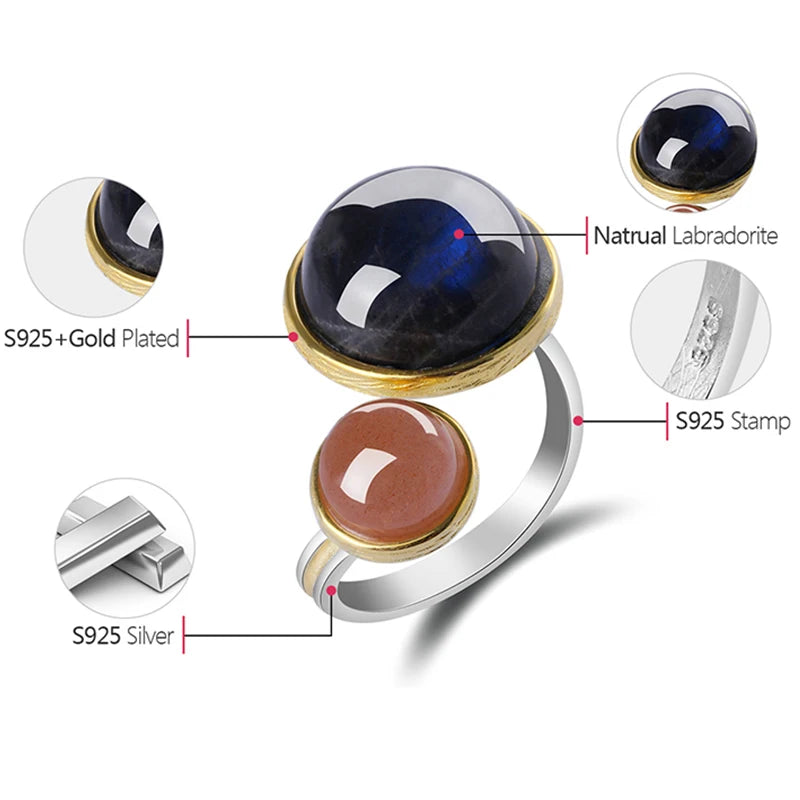 Lotus Fun Real 925 Sterling Silver Natural Labradorite Moonlight Gemstones Ring Fine Jewelry Mysterious Lake Rings for Women