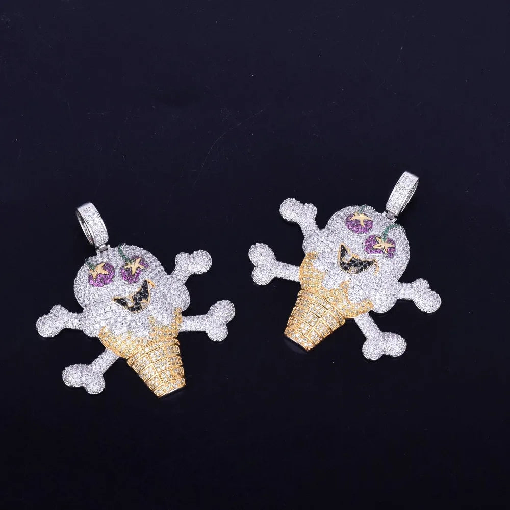 Skull Ice Cream Shape Necklace& Pendant Gold Color AAA Cubic Zircon Men's Hip Hop Jewelry
