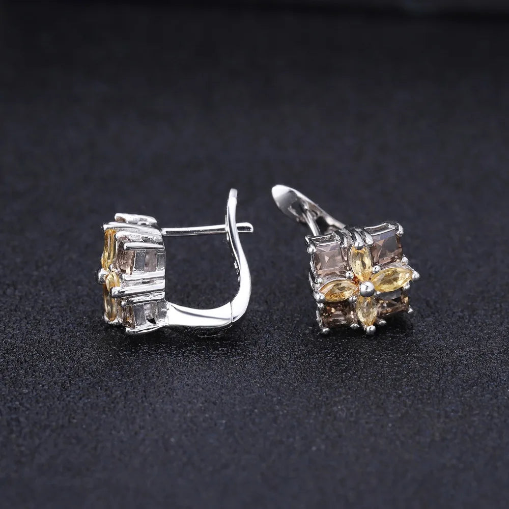 Gem's Ballet Multicolor Natural Citrine Smoky Quartz Earrings 925 Sterling Silver Flower Stud Earrings For Women Fine Jewelry