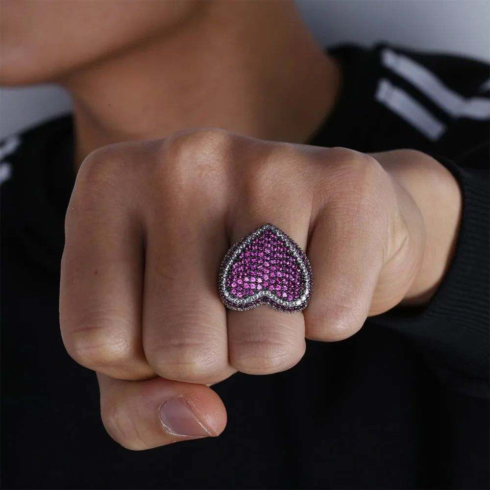 New Red Bule Color Heart Ring Micro Pave Cubic Zircon Round Ring Full Iced Out Bling Hip Hop/Punk Men Women Jewelry For Gifts