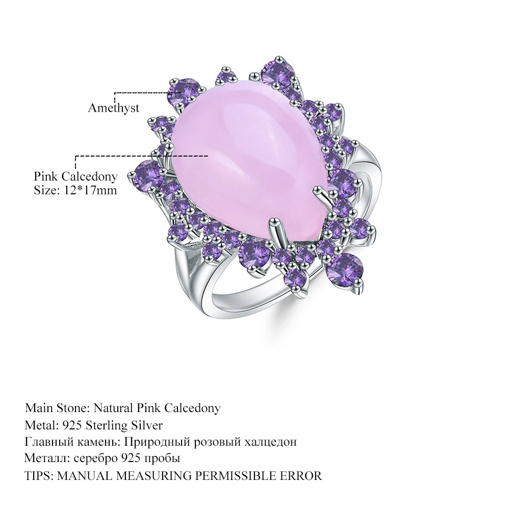 GEM'S BALLET Natural Pink Calcedony Gemstone Ring 925 Sterling Silver Vintage Halo Cocktail  Rings for Women Fine Jewelry