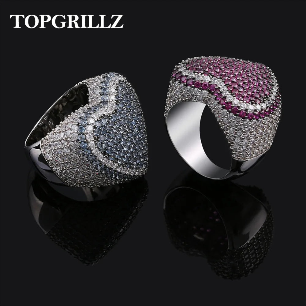 New Red Bule Color Heart Ring Micro Pave Cubic Zircon Round Ring Full Iced Out Bling Hip Hop/Punk Men Women Jewelry For Gifts