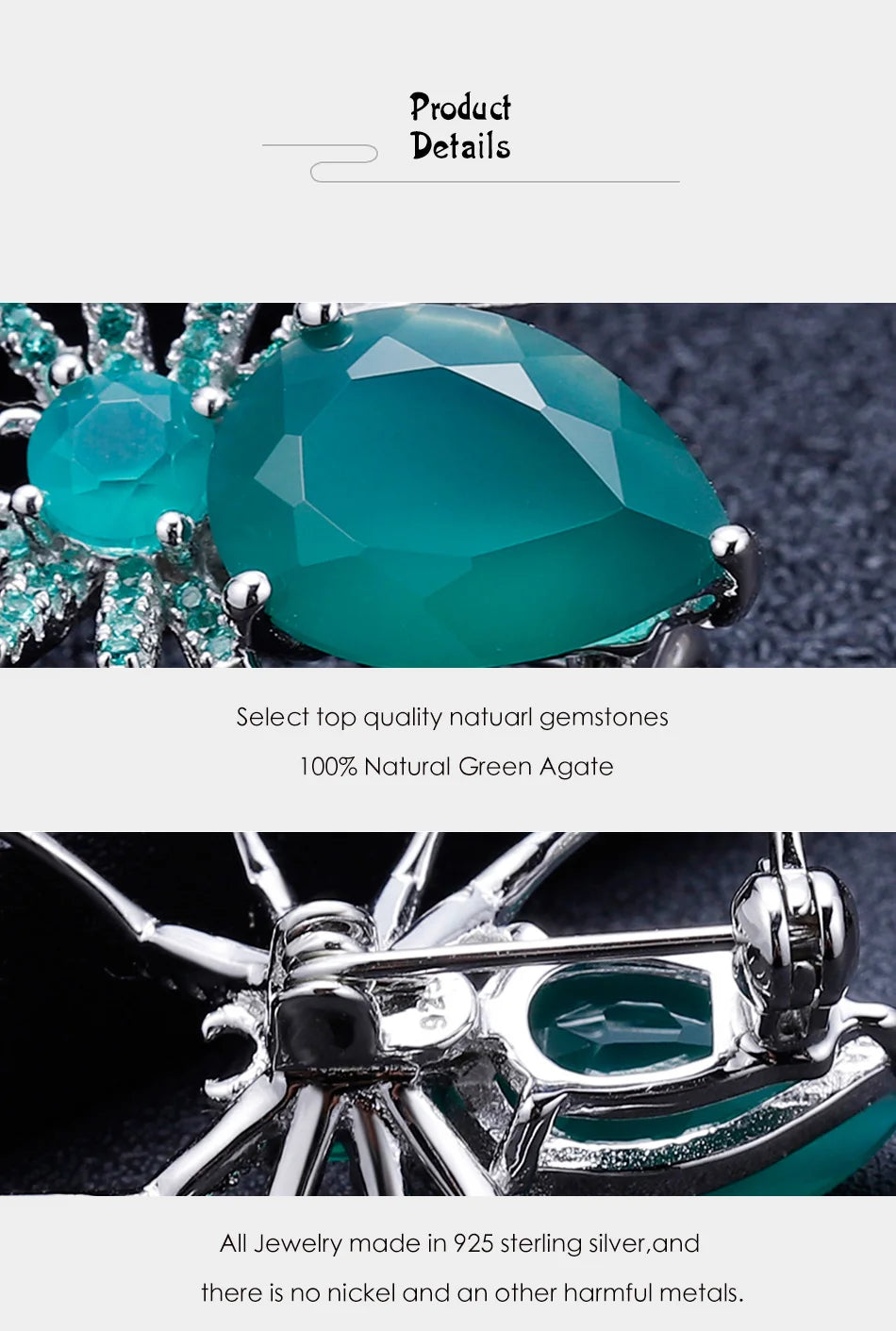 GEM'S BALLET Natural Green Agate Gemstone Brooch 925 Sterling Sliver Handmade Design Spider Brooches For Women Fine Jewelry