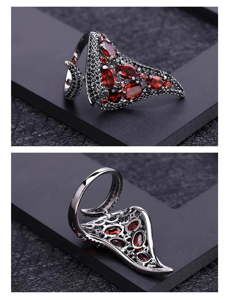 GEM'S BALLET Natural Red Garnet Gemstone Open Finger Ring 925 Sterling Sliver Vintage Gothic Punk Ring For Women Party Jewelry