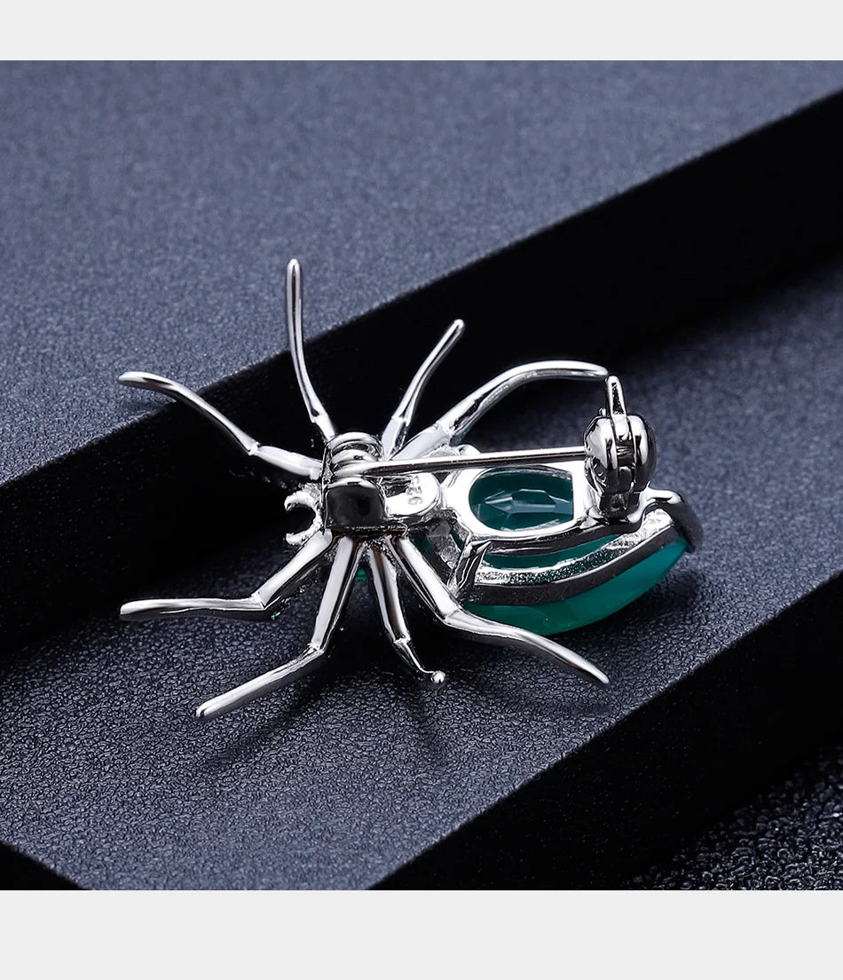 GEM'S BALLET Natural Green Agate Gemstone Brooch 925 Sterling Sliver Handmade Design Spider Brooches For Women Fine Jewelry