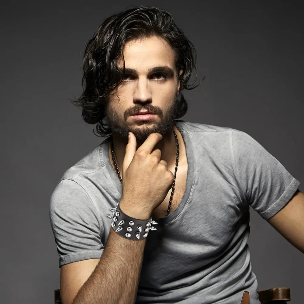 BONISKISS 2020 New Arrival Punk Gothic Rock Cuspidal Spikes Rivet Cone Stud Wide Leather Cuff Bracelet Bangle men jewelry