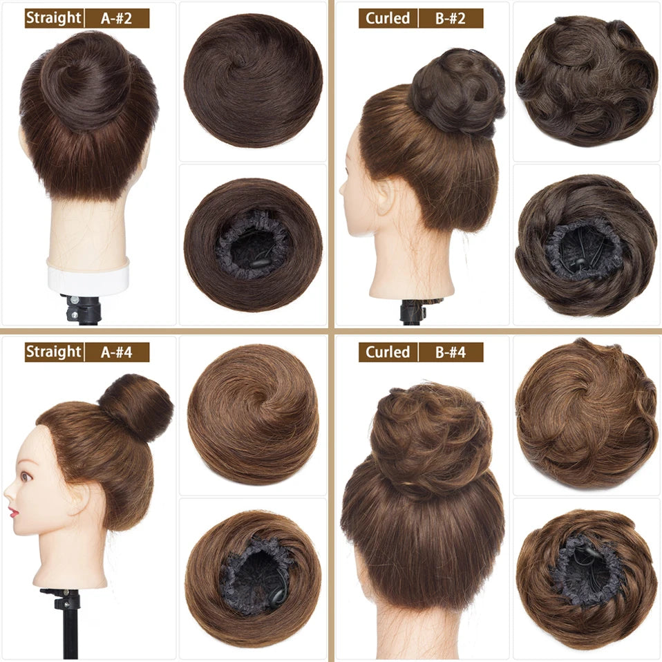 S-noilite 30g Hair Bun Curly Or Straight Chignon 100% Human Hair Donut Hairpiece Brown Blonde Headwear Wrap On Elastic Scrunchie