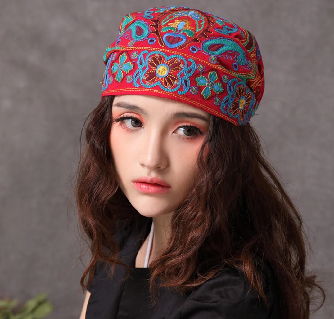 Women Mexican Style Ethnic Vintage Embroidery Flowers Hat Red Print hats for women Beanies Hats
