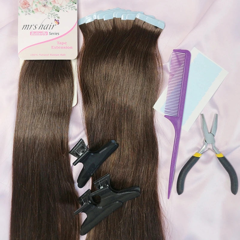 MRSHAIR Mini Tape Hair Extensions Human Hair Natural Tape in Hair Extentions 3x0.8cm Invisible Tape 10pcs/pack For Side Hair