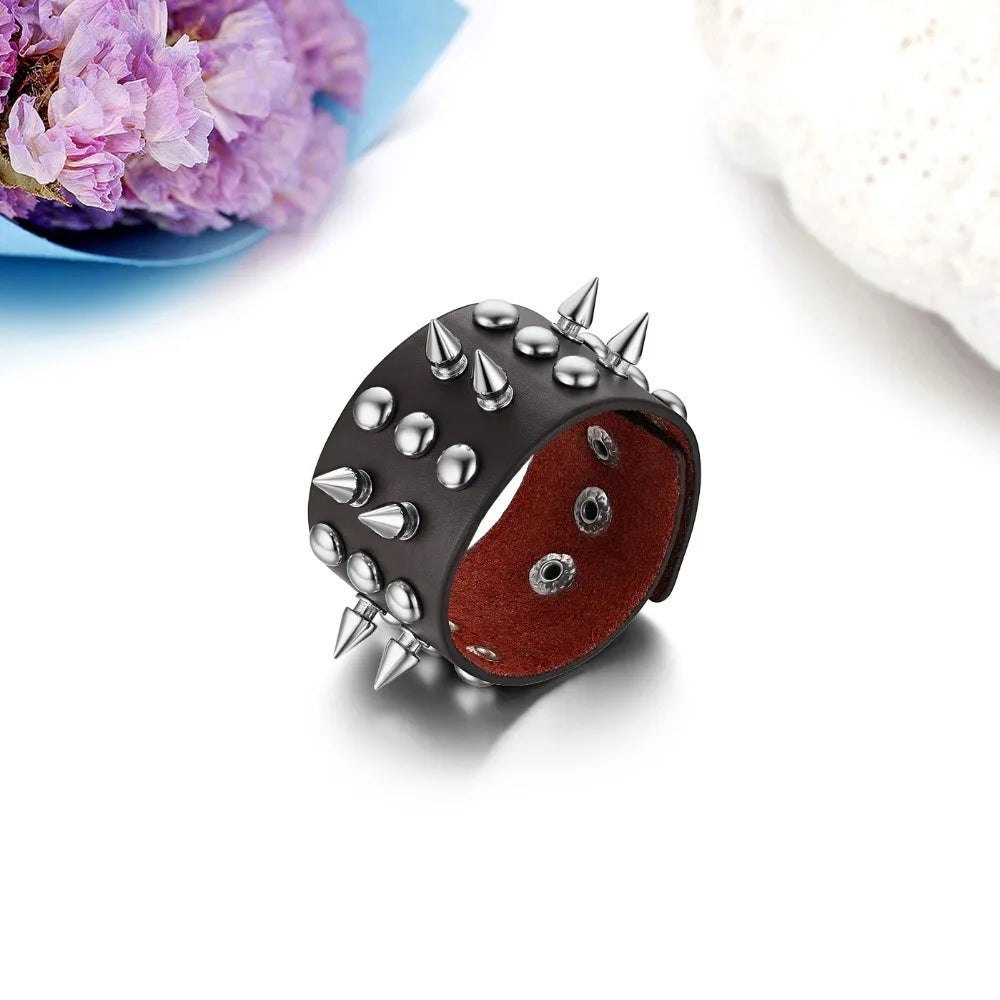 BONISKISS 2020 New Arrival Punk Gothic Rock Cuspidal Spikes Rivet Cone Stud Wide Leather Cuff Bracelet Bangle men jewelry