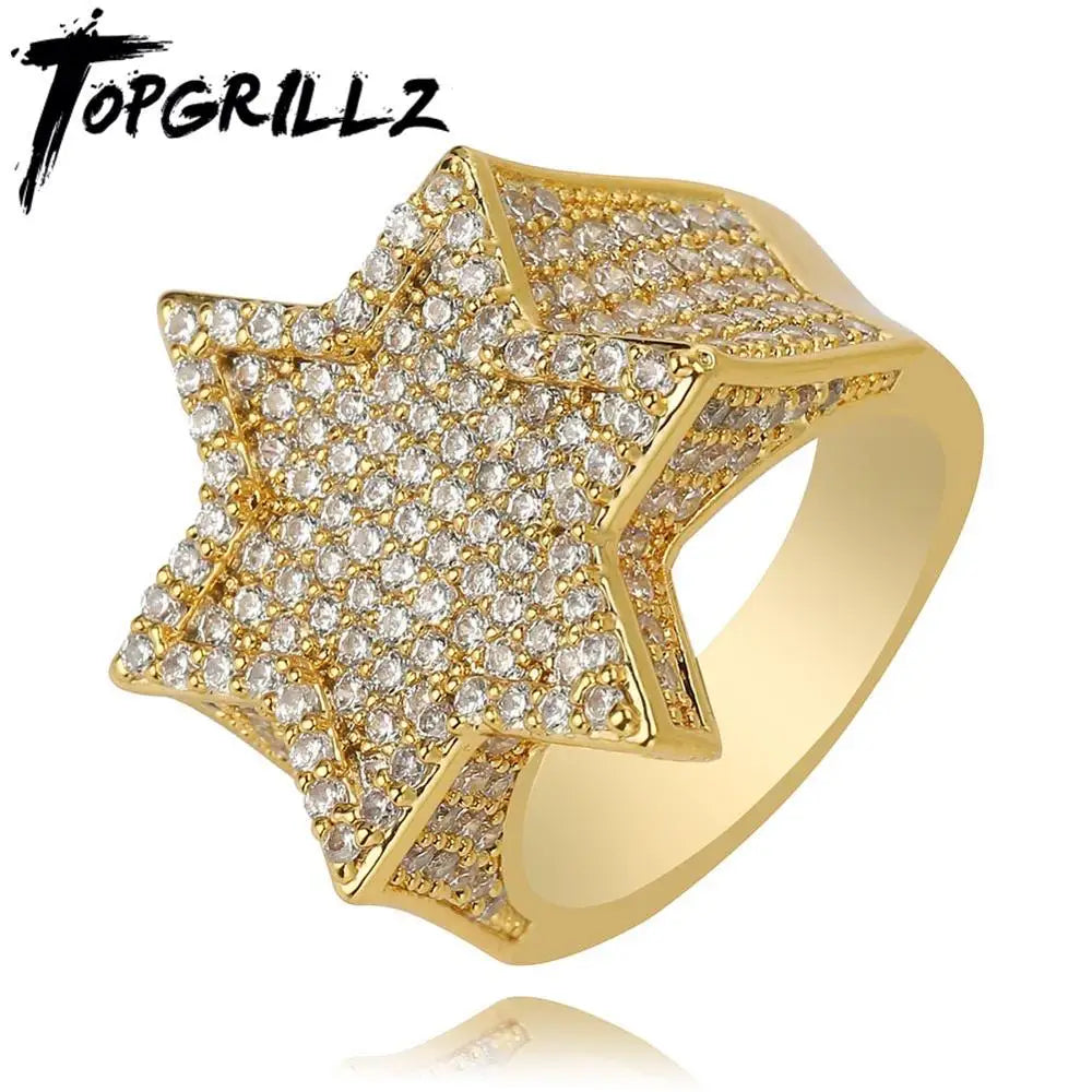 New Iced Out Hexagon Star Rings For Men/Women Micro Paved Gold Silver Color Finish Cubic Zircon Charm Hip Hop Jewelry Ring Gift