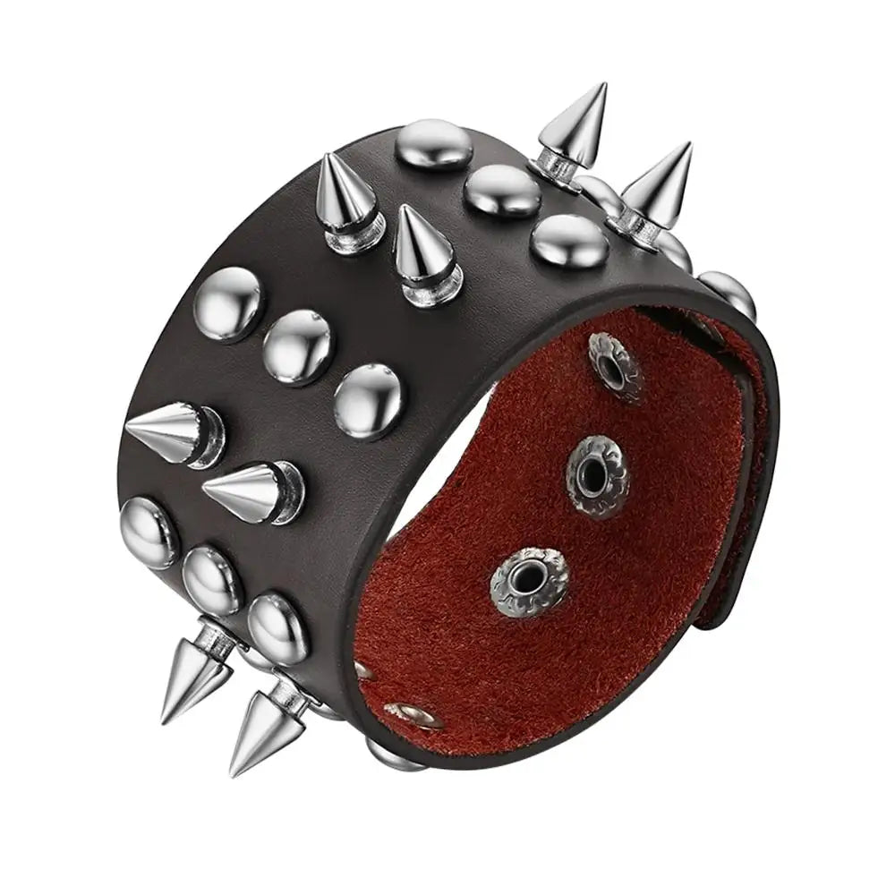 BONISKISS 2020 New Arrival Punk Gothic Rock Cuspidal Spikes Rivet Cone Stud Wide Leather Cuff Bracelet Bangle men jewelry