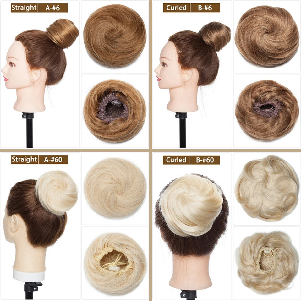 S-noilite 30g Hair Bun Curly Or Straight Chignon 100% Human Hair Donut Hairpiece Brown Blonde Headwear Wrap On Elastic Scrunchie