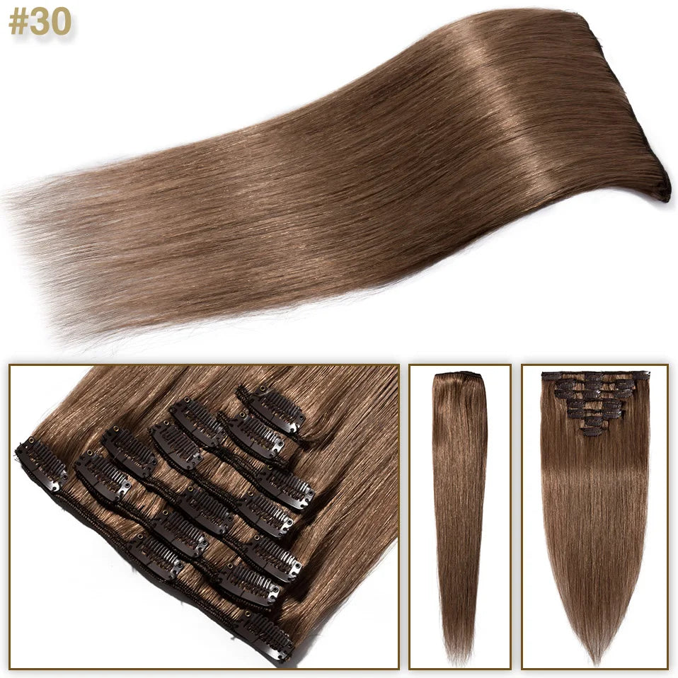 S-noilite 7Pcs/Set Clip In Hair Extensions Human Hair Natural Extension Hair Clips 15"-22" Thin Full Head Clip In Natural Hair