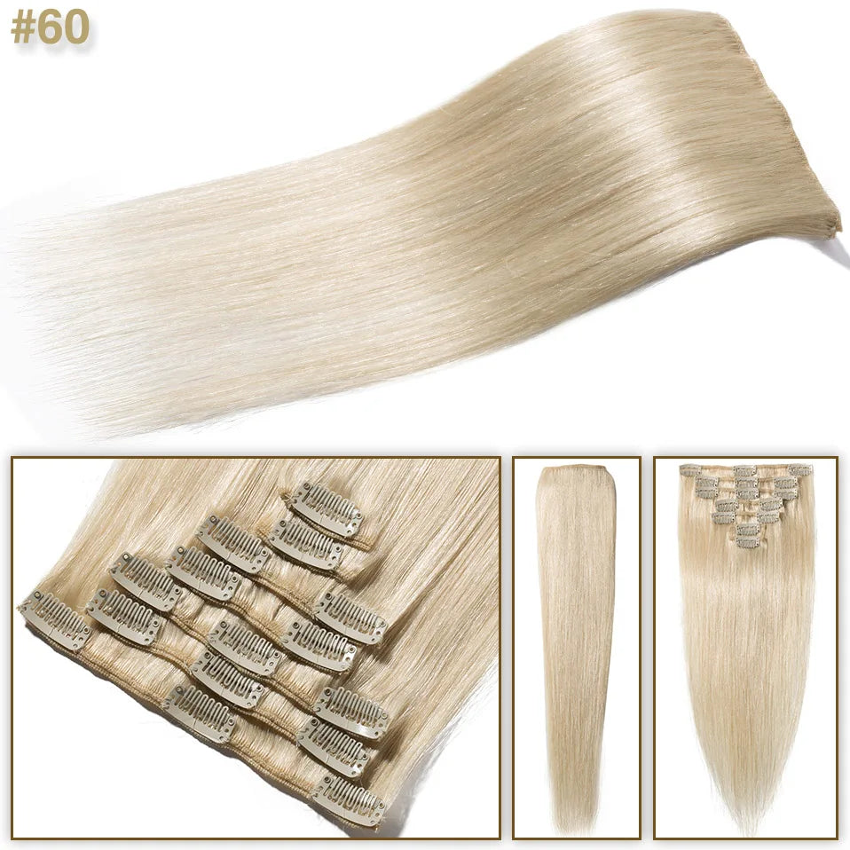 S-noilite 7Pcs/Set Clip In Hair Extensions Human Hair Natural Extension Hair Clips 15"-22" Thin Full Head Clip In Natural Hair