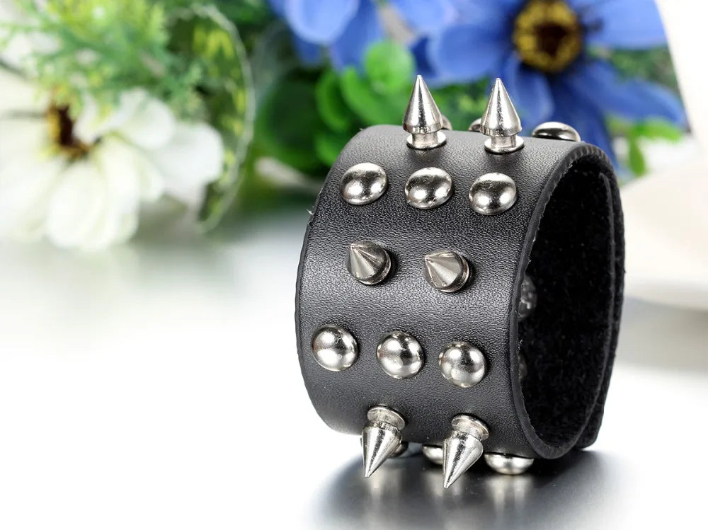 BONISKISS 2020 New Arrival Punk Gothic Rock Cuspidal Spikes Rivet Cone Stud Wide Leather Cuff Bracelet Bangle men jewelry