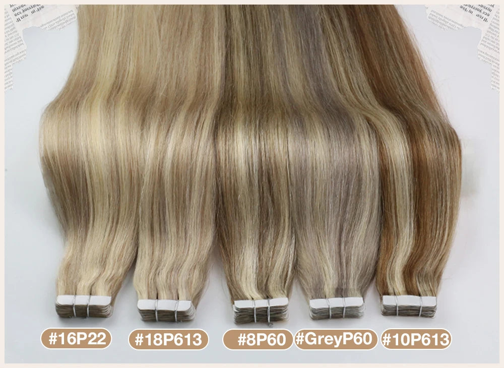 Full Shine Tape in Human Hair Extensions 20pcs Adhesive Skin Weft Pure Solid Color Glue on Woman Hair Machine Made Remy