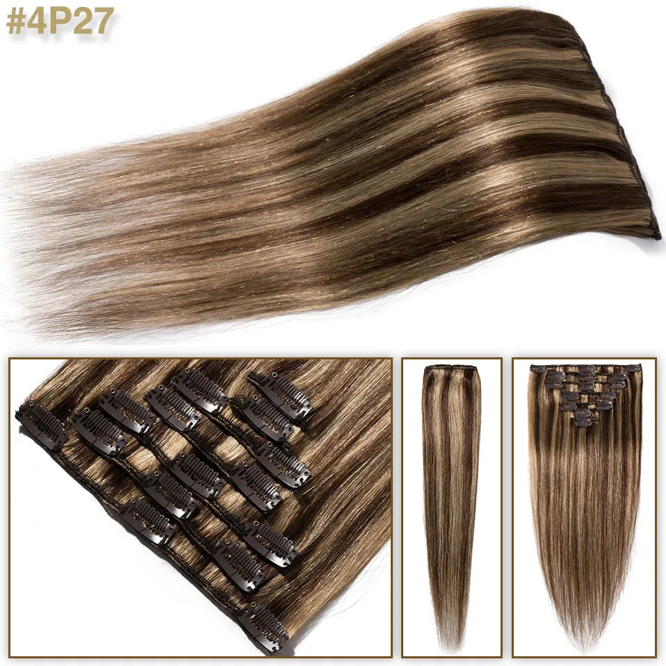 S-noilite 7Pcs/Set Clip In Hair Extensions Human Hair Natural Extension Hair Clips 15"-22" Thin Full Head Clip In Natural Hair