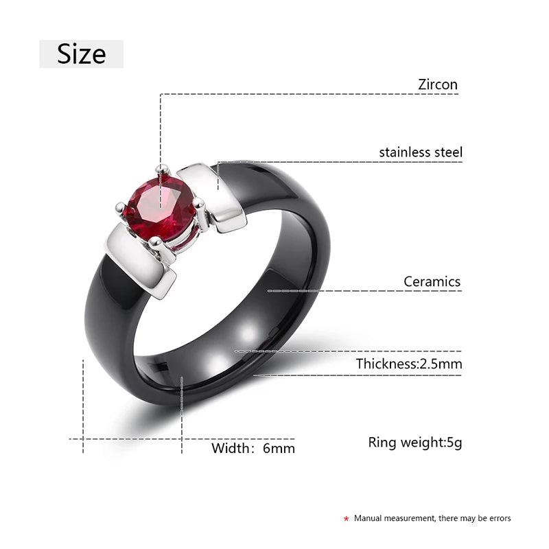 6mm White Black Ceramic Rings Plus Red Cubic Zirconia For Women Gold Color Stainless Steel Women Wedding Ring Engagement Jewelry