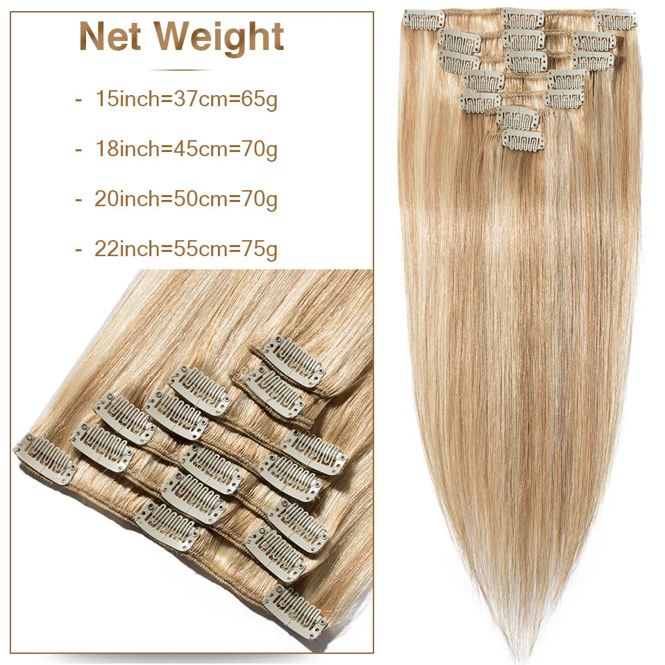 S-noilite 7Pcs/Set Clip In Hair Extensions Human Hair Natural Extension Hair Clips 15"-22" Thin Full Head Clip In Natural Hair