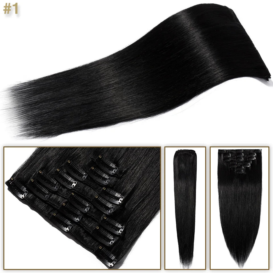 S-noilite 7Pcs/Set Clip In Hair Extensions Human Hair Natural Extension Hair Clips 15"-22" Thin Full Head Clip In Natural Hair