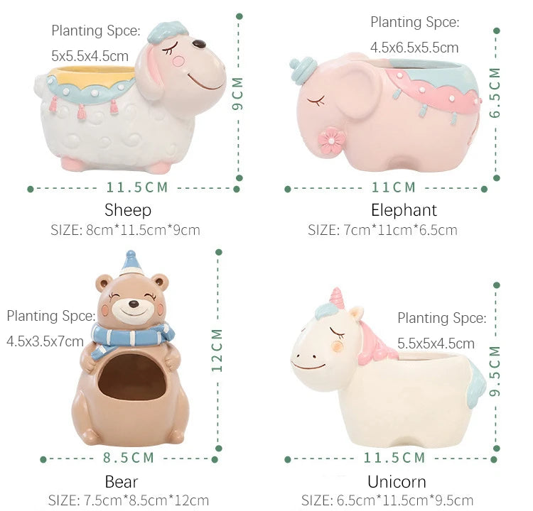 Cartoon Animal Flower Pot for Succulents Cactus Plants, Unicorn Elephant Bear Fairy Garden Figurine, Home Tabletop Decor