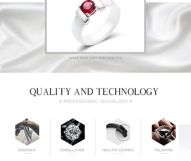 6mm White Black Ceramic Rings Plus Red Cubic Zirconia For Women Gold Color Stainless Steel Women Wedding Ring Engagement Jewelry