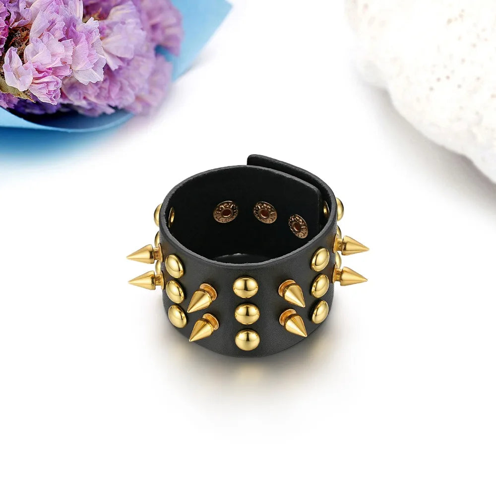 BONISKISS 2020 New Arrival Punk Gothic Rock Cuspidal Spikes Rivet Cone Stud Wide Leather Cuff Bracelet Bangle men jewelry