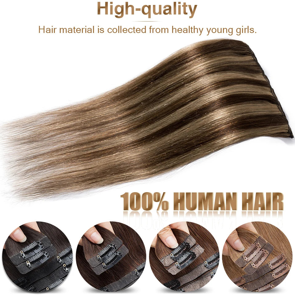 S-noilite 7Pcs/Set Clip In Hair Extensions Human Hair Natural Extension Hair Clips 15"-22" Thin Full Head Clip In Natural Hair