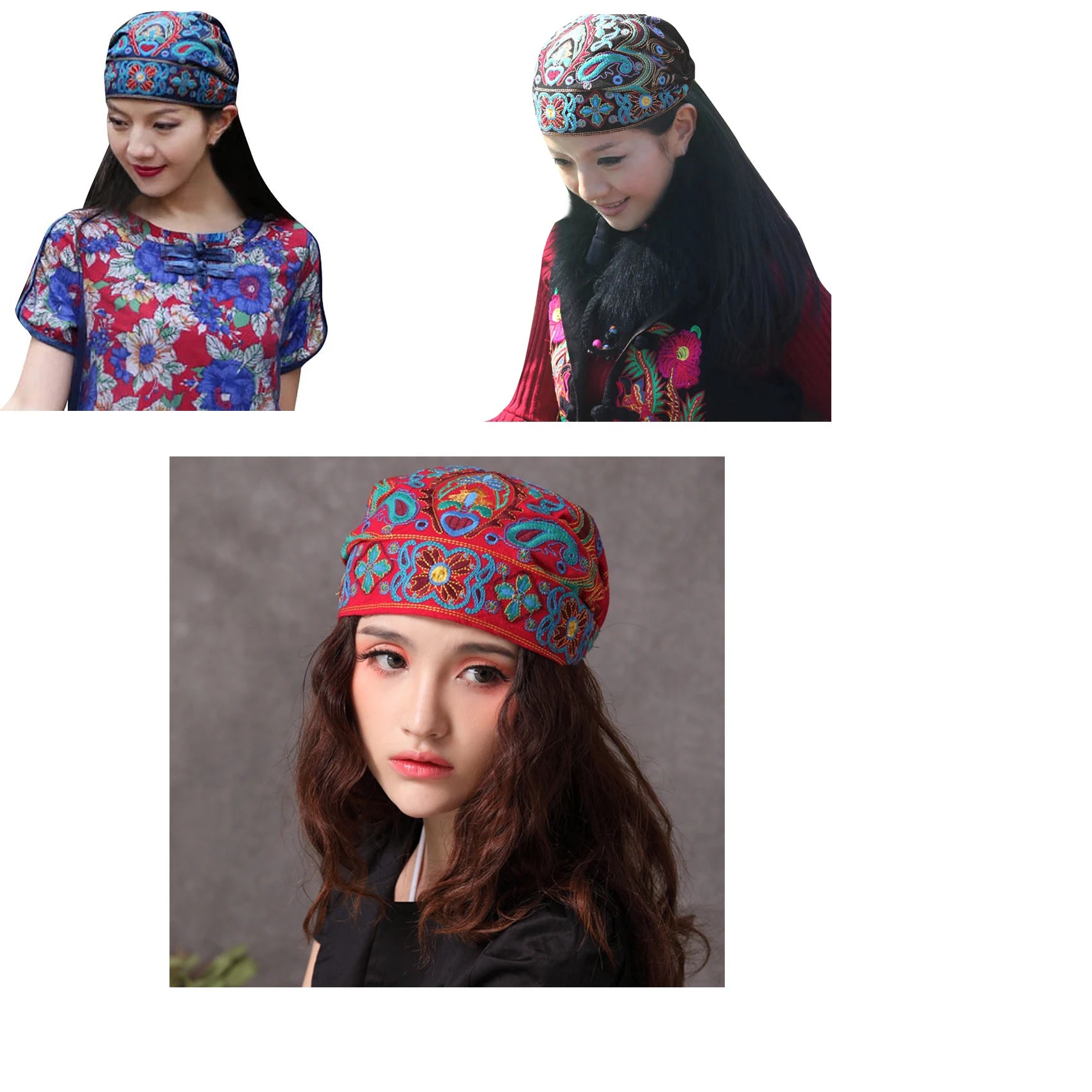 Women Mexican Style Ethnic Vintage Embroidery Flowers Hat Red Print hats for women Beanies Hats