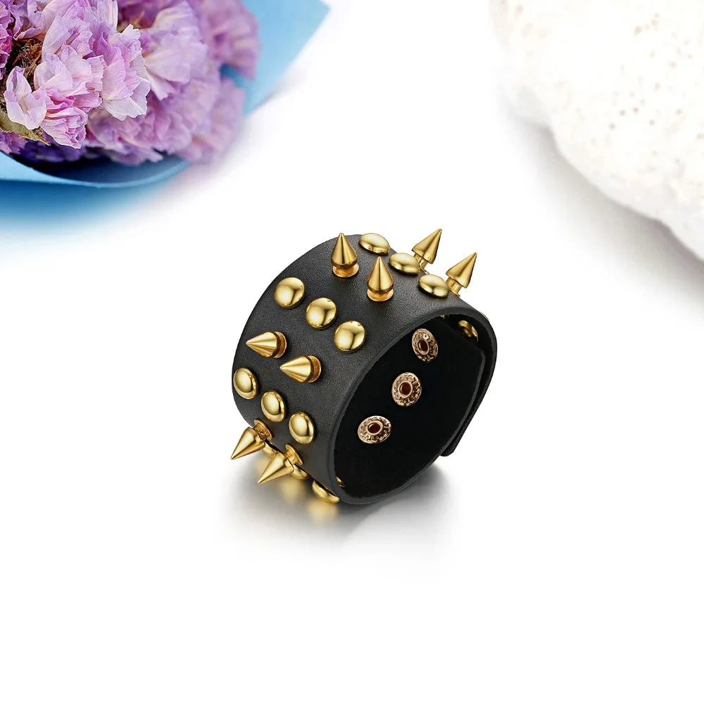 BONISKISS 2020 New Arrival Punk Gothic Rock Cuspidal Spikes Rivet Cone Stud Wide Leather Cuff Bracelet Bangle men jewelry
