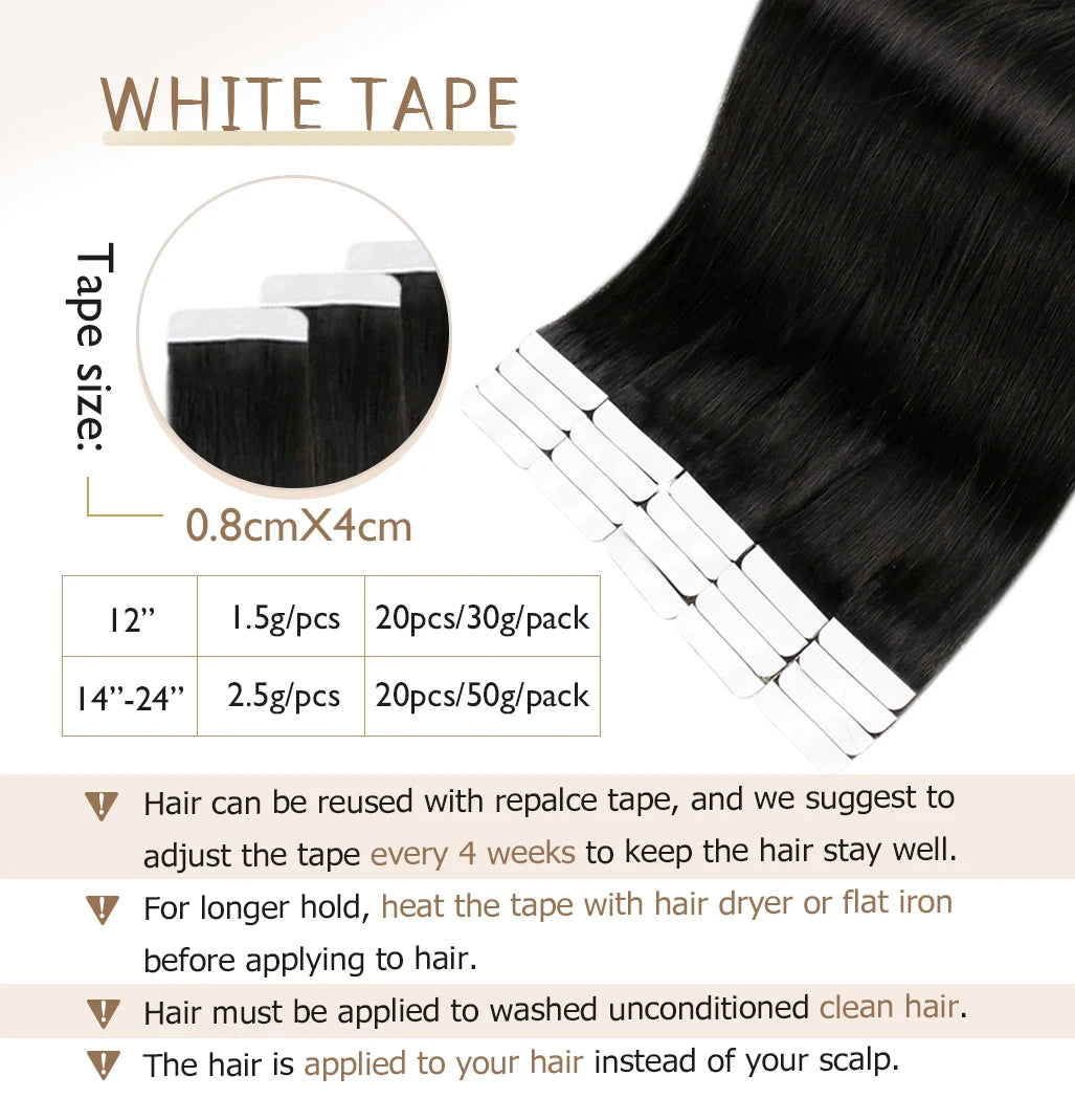 Full Shine Tape in Human Hair Extensions 20pcs Adhesive Skin Weft Pure Solid Color Glue on Woman Hair Machine Made Remy