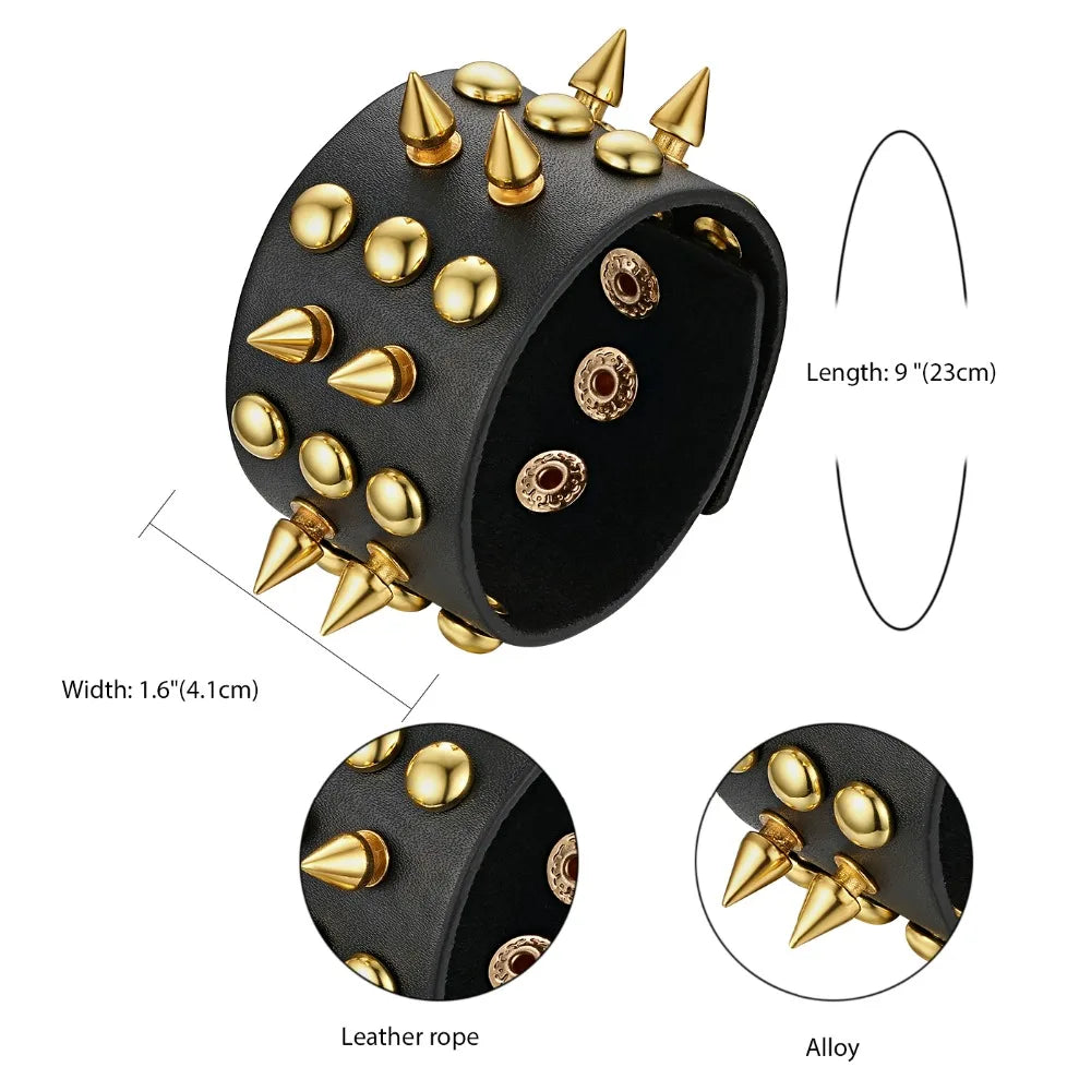 BONISKISS 2020 New Arrival Punk Gothic Rock Cuspidal Spikes Rivet Cone Stud Wide Leather Cuff Bracelet Bangle men jewelry