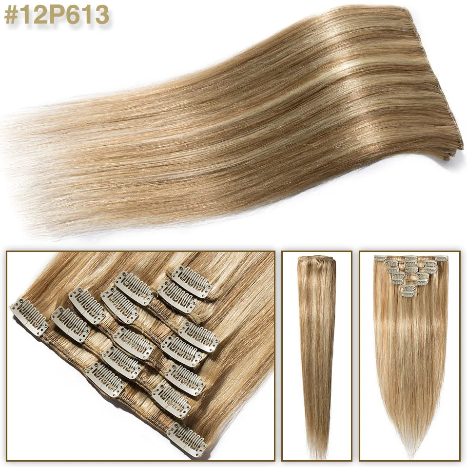 S-noilite 7Pcs/Set Clip In Hair Extensions Human Hair Natural Extension Hair Clips 15"-22" Thin Full Head Clip In Natural Hair