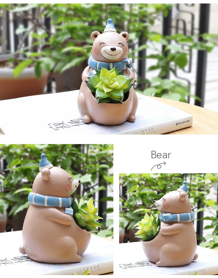 Cartoon Animal Flower Pot for Succulents Cactus Plants, Unicorn Elephant Bear Fairy Garden Figurine, Home Tabletop Decor