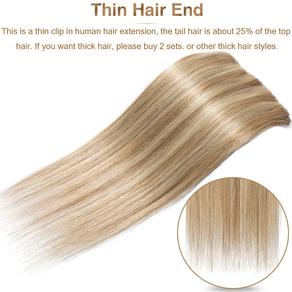 S-noilite 7Pcs/Set Clip In Hair Extensions Human Hair Natural Extension Hair Clips 15"-22" Thin Full Head Clip In Natural Hair