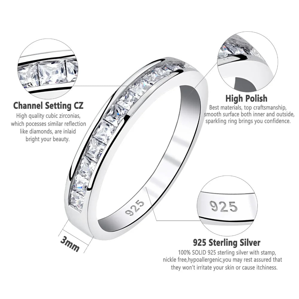 Newshe 925 Silver Wedding Bands for Women Princess AAAAA Cubic Zircon Diamond Stackable Eternity Finger Rings Quality Jewelry