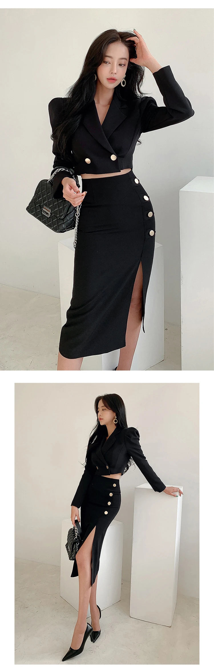 New Spring Autumn Black Formal Sexy 2 Piece Outfit Short Set Women Ladies Clothes Cropped Suit Blazer Coat High Waist Slit Skirt