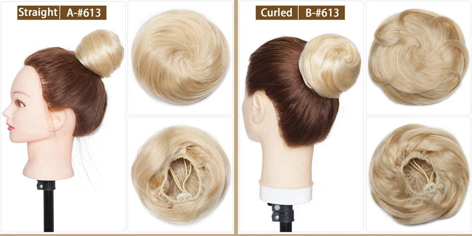 S-noilite 30g Hair Bun Curly Or Straight Chignon 100% Human Hair Donut Hairpiece Brown Blonde Headwear Wrap On Elastic Scrunchie